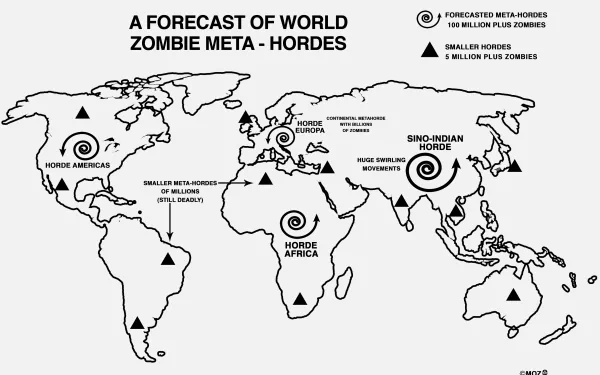 Dark zombie 4K Ultra HD PC desktop wallpaper: monochrome world map titled A Forecast of World Zombie Meta - Hordes marked with spiral horde icons and region labels.
