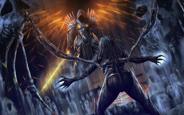A dramatic HD wallpaper featuring Tyrael from Diablo III confronting Sarah Kerrigan from Heroes of the Storm, set against a backdrop of dark, swirling energy and skulls.