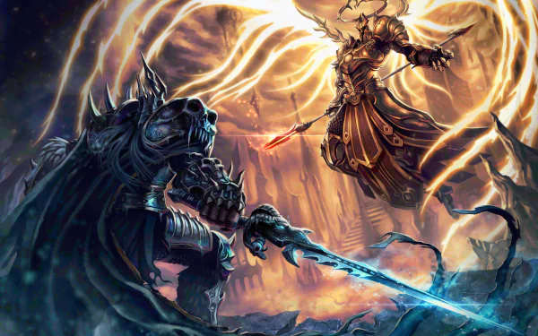 HD wallpaper of Lich King and Imperius from Diablo III battling in the video game Heroes of the Storm, featuring dynamic, vibrant artwork.
