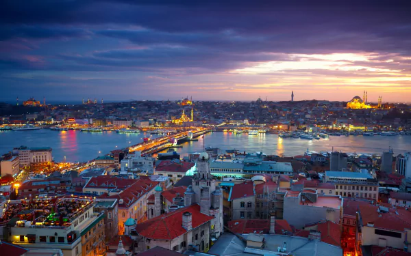 A stunning HD desktop wallpaper showcasing Istanbul at sunset, featuring vibrant city lights reflecting on the water and the iconic skyline of the historic city.