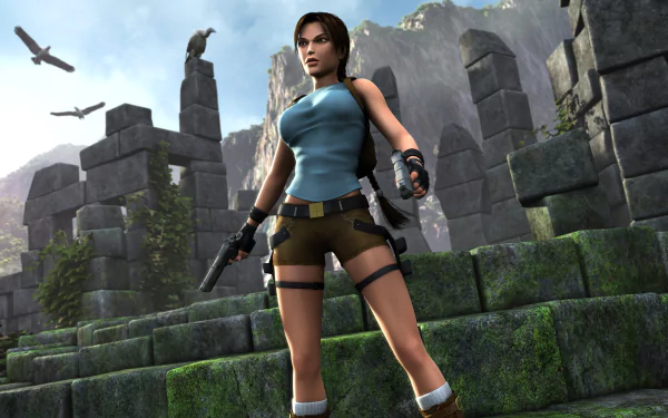 4K Ultra HD PC desktop wallpaper featuring Lara Croft from the video game Tomb Raider: Legend, standing confidently amid ancient stone ruins with birds soaring overhead.