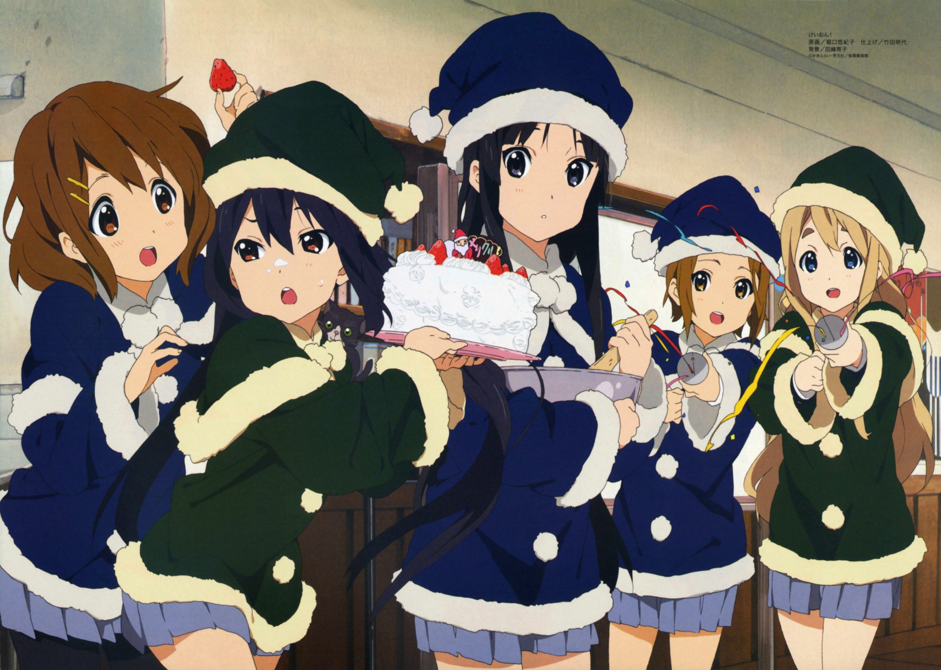 Anime characters Azusa Nakano, Tsumugi Kotobuki, Ritsu Tainaka, Yui Hirasawa, and Mio Akiyama from K-ON! dressed in festive holiday outfits in a 4K Ultra HD wallpaper.