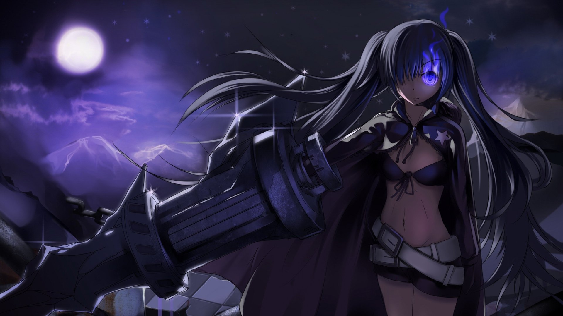 A striking HD wallpaper featuring Black Rock Shooter, showcasing a powerful character against a twilight backdrop with a full moon and mountains in the distance.