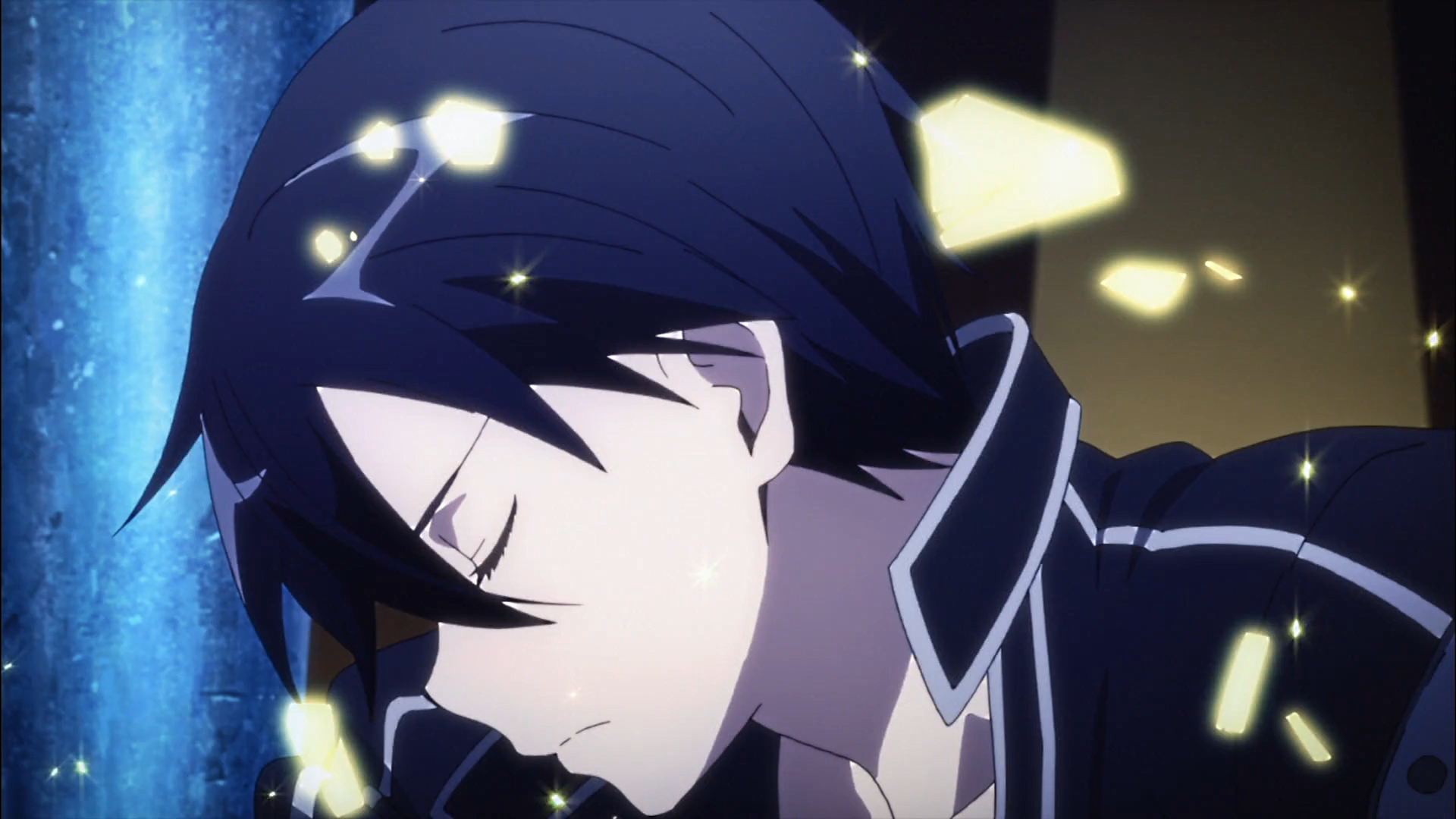 HD PC desktop wallpaper featuring Kirito from the anime Sword Art Online, depicted with closed eyes and glowing particles surrounding him.