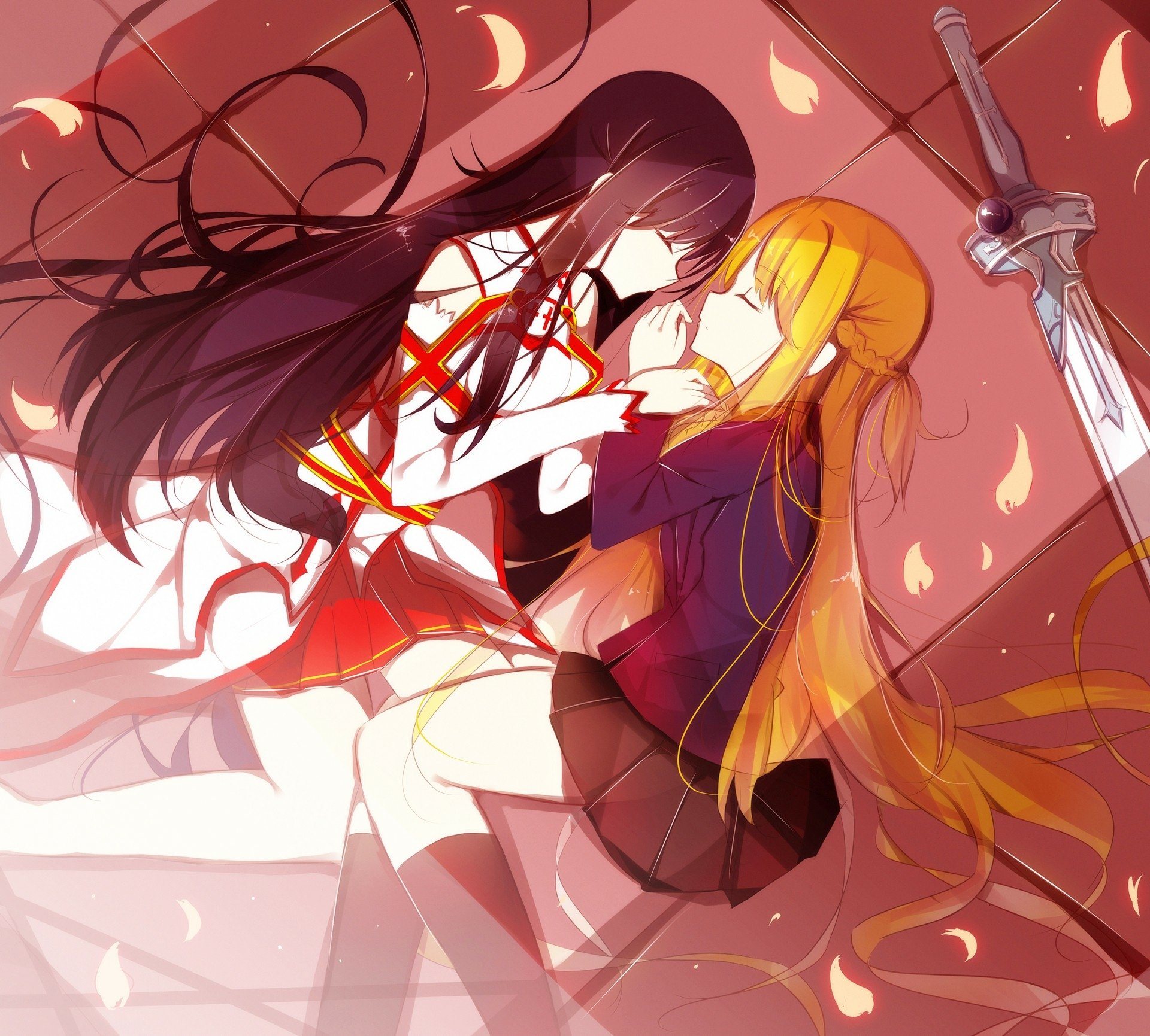 A colorful HD wallpaper featuring Yuuki Konno and Asuna Yuuki from Sword Art Online II, depicting an intimate moment against a dynamic backdrop with a sword visible.