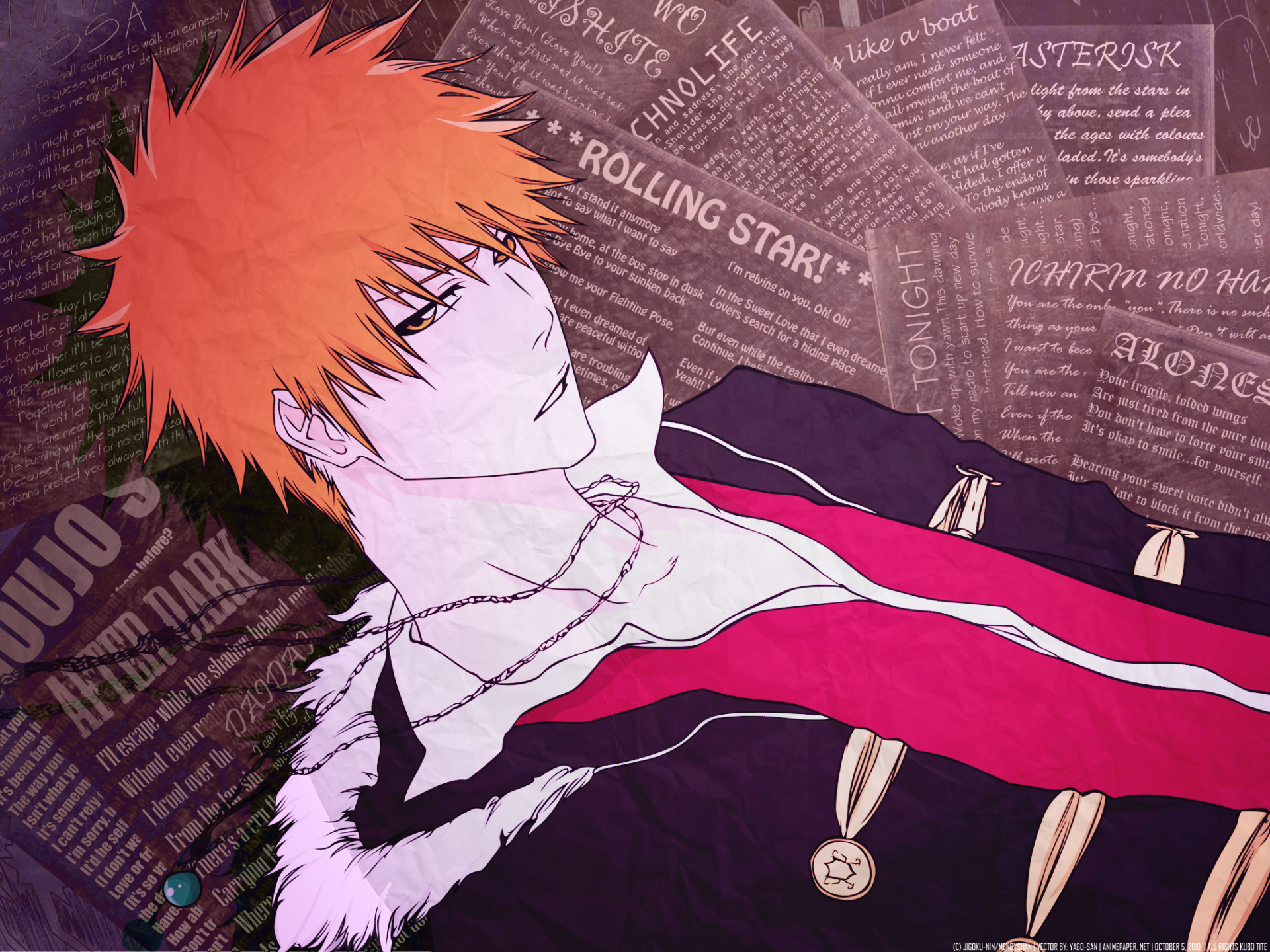 HD PC desktop wallpaper featuring Ichigo Kurosaki from the anime Bleach with a textured, newspaper-style background.