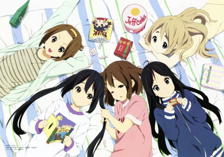 A HD wallpaper featuring Azusa Nakano, Tsumugi Kotobuki, Ritsu Tainaka, Yui Hirasawa, and Mio Akiyama from the anime K-ON!, capturing their playful and cozy moments together.