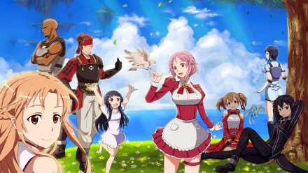 A vibrant HD wallpaper featuring characters from Sword Art Online, including Asuna, Kirito, Lisbeth, Silica, Agil, Klein, Yui, and Sachi, set against a serene background.