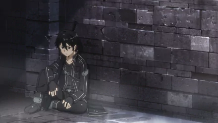 HD desktop wallpaper featuring Kirito from Sword Art Online, sitting against a textured brick wall, capturing a moment of introspection in a dark anime setting.