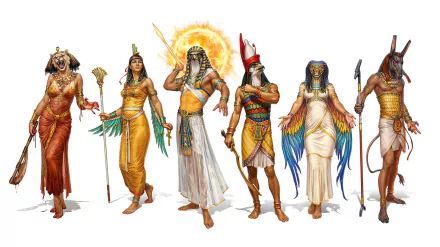 An HD fantasy wallpaper featuring Egyptian deities: Wadjet, Horus, Sekhmet, Isis, Set, and Ra, adorned in vibrant regalia, showcasing ancient mythology and artistry.