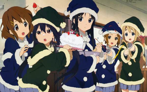 Anime characters Azusa Nakano, Tsumugi Kotobuki, Ritsu Tainaka, Yui Hirasawa, and Mio Akiyama from K-ON! dressed in festive holiday outfits in a 4K Ultra HD wallpaper.