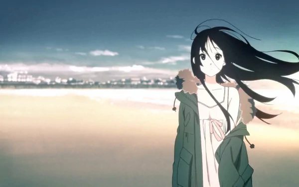 HD anime desktop wallpaper featuring Mio Akiyama from K-ON! standing on a beach with wind blowing through her long black hair and city lights in the background.
