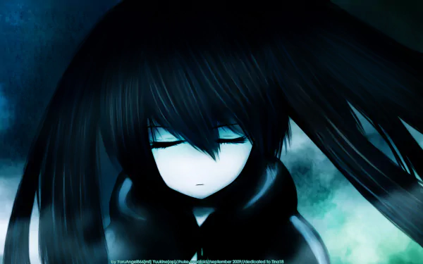 HD desktop wallpaper featuring a close-up of Black Rock Shooter with glowing blue eyes, set against a moody, blue-toned background.