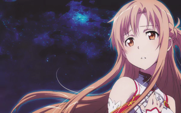 HD desktop wallpaper featuring Asuna Yuuki from Sword Art Online, set against a cosmic, starry background.