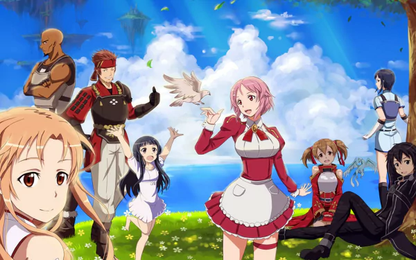 A vibrant HD wallpaper featuring characters from Sword Art Online, including Asuna, Kirito, Lisbeth, Silica, Agil, Klein, Yui, and Sachi, set against a serene background.