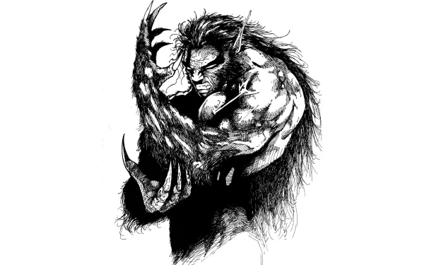 A dark, powerful werewolf with intense features and striking claws, depicted in a detailed black-and-white illustration. This 4K Ultra HD image makes a captivating desktop wallpaper.