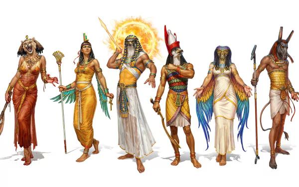 An HD fantasy wallpaper featuring Egyptian deities: Wadjet, Horus, Sekhmet, Isis, Set, and Ra, adorned in vibrant regalia, showcasing ancient mythology and artistry.