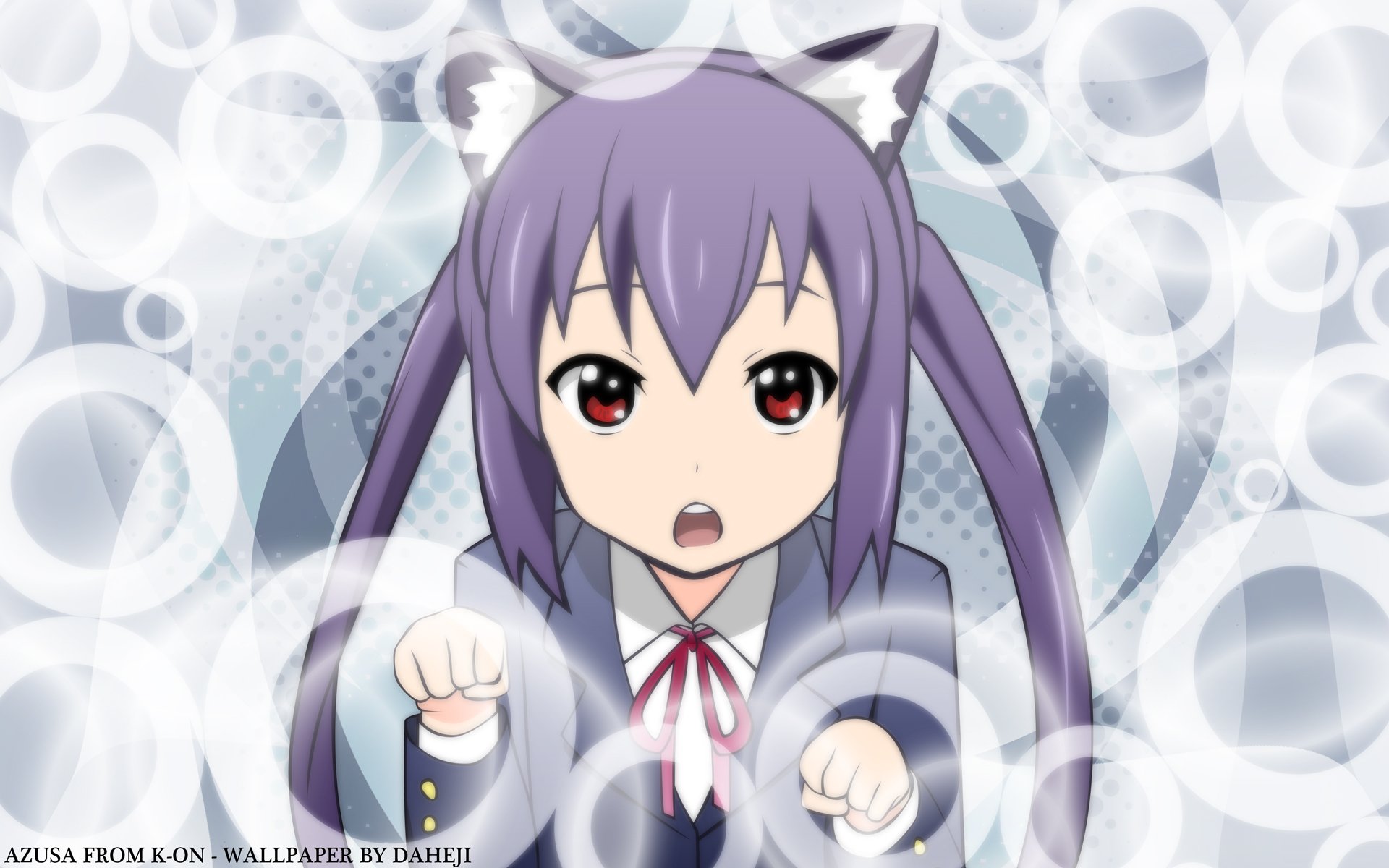 HD anime wallpaper featuring Azusa Nakano from K-ON! with cat ears and a playful pose against a soft circular patterned background.