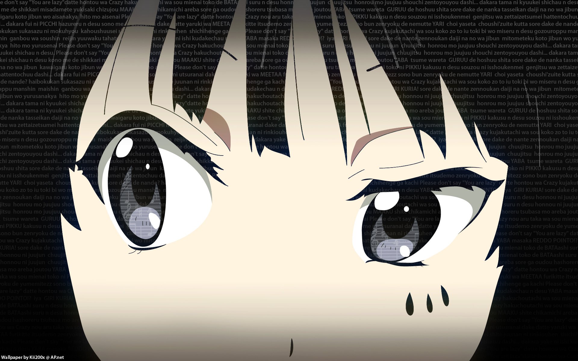 Close-up of Mio Akiyama's eyes from the anime K-ON!, featured in a high-definition PC desktop wallpaper and background.