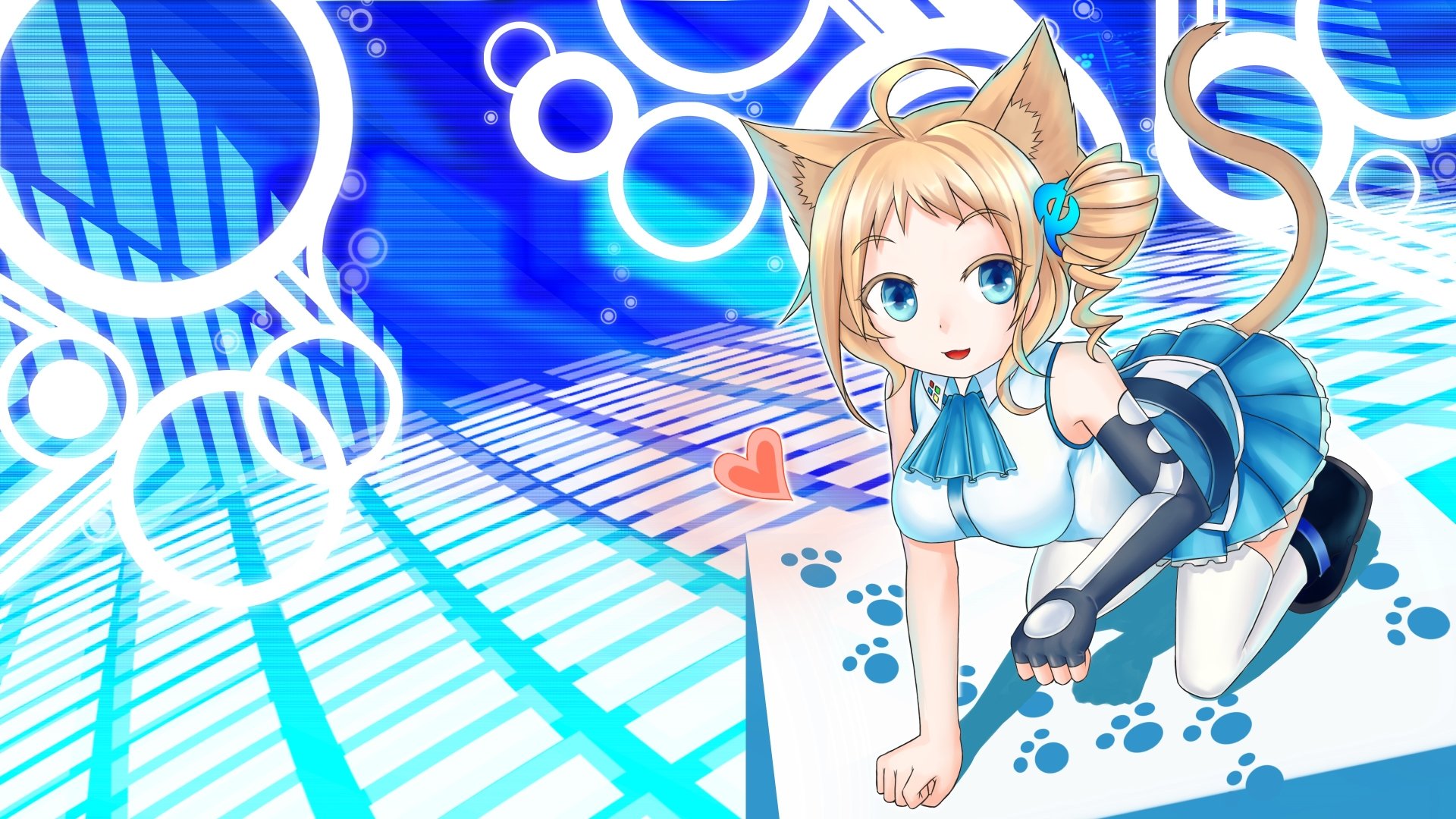 Anime-style Os-tan character with cat ears and tail in a blue and white outfit, set against a vibrant blue digital background. 4K Ultra HD PC desktop wallpaper.