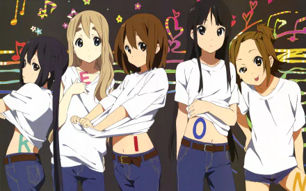 HD desktop wallpaper featuring Yui Hirasawa, Ritsu Tainaka, Tsumugi Kotobuki, Mio Akiyama, and Azusa Nakano from the anime K-ON!, all wearing white t-shirts and jeans with colorful backgrounds.