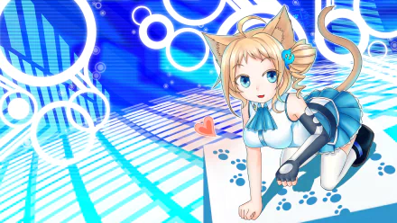Anime-style Os-tan character with cat ears and tail in a blue and white outfit, set against a vibrant blue digital background. 4K Ultra HD PC desktop wallpaper.