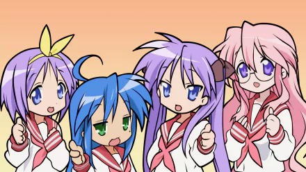 Colorful HD wallpaper featuring characters Miyuki Takara, Tsukasa Hiiragi, Kagami Hiiragi, and Konata Izumi from the anime Lucky Star, set against a warm, gradient background.