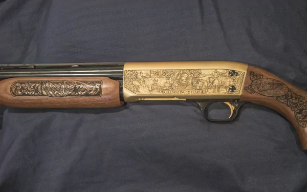 4K Ultra HD desktop wallpaper showing a close-up of a man-made shotgun with detailed engravings on its wooden and metal parts against a dark fabric background.