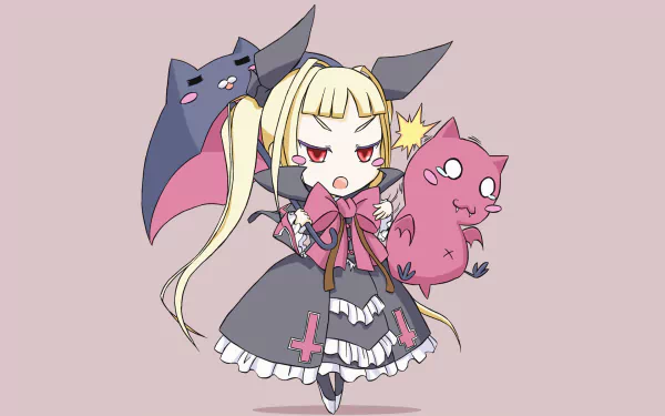 Anime-style Blazblue character with long blonde hair, wearing a gothic dress, holding two quirky creatures, set against a plain background in HD desktop wallpaper quality.
