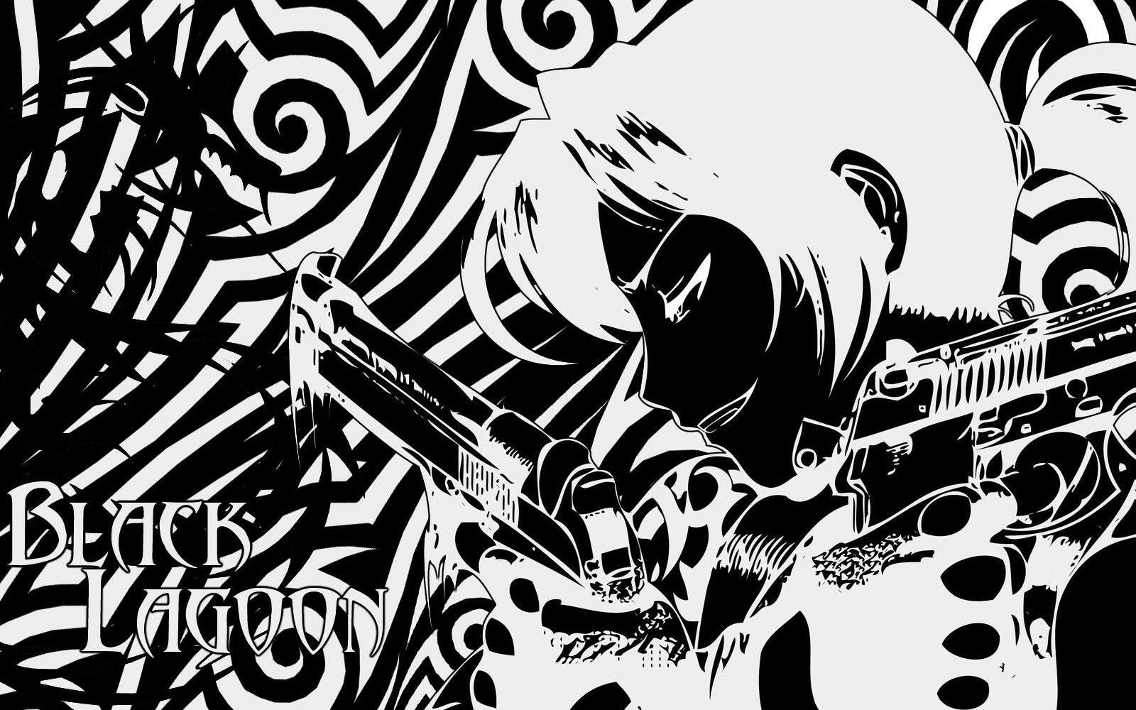 HD PC desktop wallpaper: Black Lagoon anime art — high-contrast black-and-white illustration of a gun-wielding woman with twin pistols against a swirling patterned background.