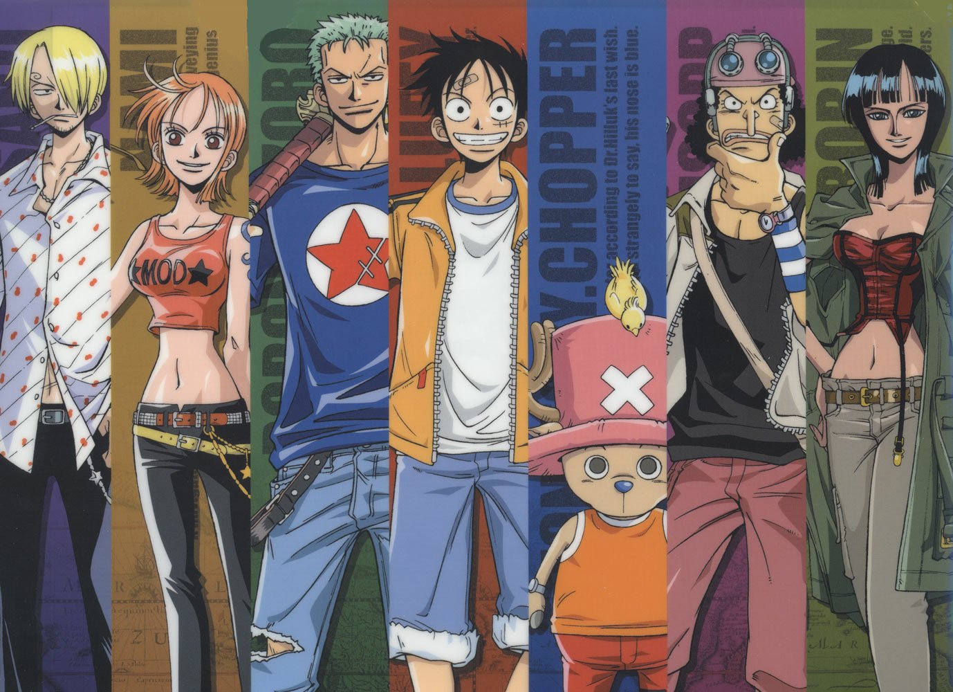 A vibrant HD desktop wallpaper featuring iconic characters from the anime One Piece, showcasing a diverse ensemble of pirates in dynamic poses and colorful attire.