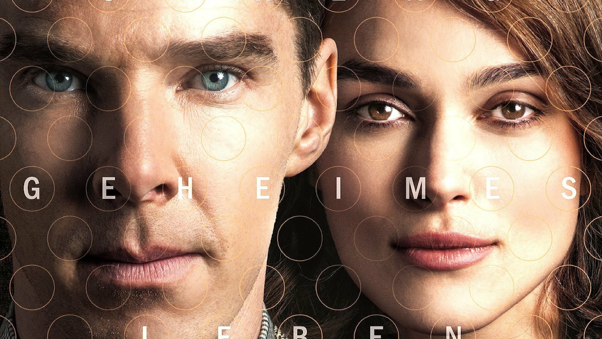 HD wallpaper featuring Keira Knightley and Benedict Cumberbatch from the movie The Imitation Game, showcasing their striking expressions and shared intrigue.