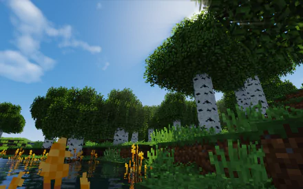 HD Minecraft PC desktop wallpaper featuring a bright, blocky landscape with birch trees, green grass, and a clear blue sky over a reflective water surface.