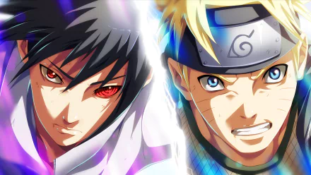 HD desktop wallpaper featuring Sasuke Uchiha with the Sharingan and Naruto Uzumaki from the anime Naruto, in an intense face-off.
