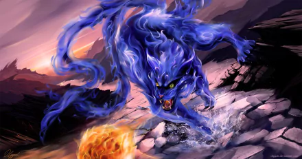 HD anime wallpaper featuring Matatabi from Naruto, the two-tailed beast in a dynamic pose with fiery energy, set against a dramatic, rugged landscape background.