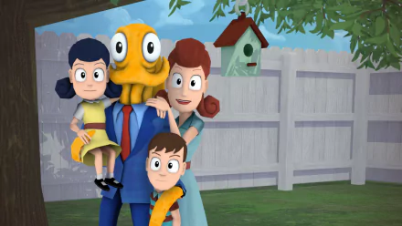 HD PC desktop wallpaper from the video game Octodad: Dadliest Catch showing Octodad in a suit posing with his wife and two kids in a backyard by a white fence and birdhouse.