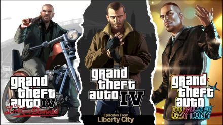 HD wallpaper featuring characters from Grand Theft Auto IV, showcasing scenes from the game and its expansion, Episodes from Liberty City and The Ballad of Gay Tony.