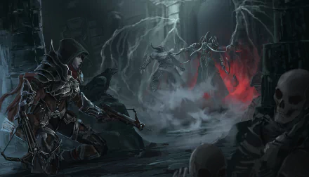 HD desktop wallpaper featuring the Demon Hunter and Barbarian from Diablo III: Reaper of Souls, set in a dark, eerie environment from the video game.
