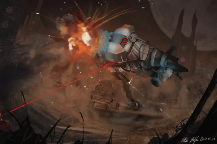 HD sci-fi desktop wallpaper depicting a soldier inside a futuristic vehicle with a force field, engaging in a war scene amid explosions and laser fire on a dark battlefield.