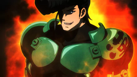 Bulat from Akame Ga Kill! stands confidently in this HD desktop wallpaper, showcasing his signature green armor against a fiery background.