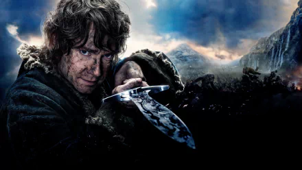 A dramatic scene from *The Hobbit: The Battle of the Five Armies*, featuring a determined character wielding a sword against a dark, tumultuous background in stunning 4K Ultra HD.