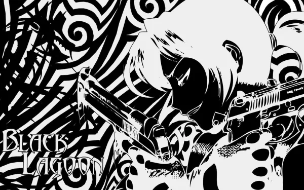 HD PC desktop wallpaper: Black Lagoon anime art — high-contrast black-and-white illustration of a gun-wielding woman with twin pistols against a swirling patterned background.