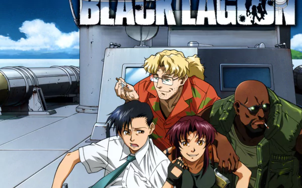 HD PC desktop wallpaper featuring main characters from the anime Black Lagoon posed on a ship deck under a blue sky with the series title above.