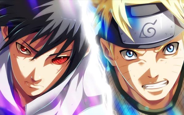 HD desktop wallpaper featuring Sasuke Uchiha with the Sharingan and Naruto Uzumaki from the anime Naruto, in an intense face-off.