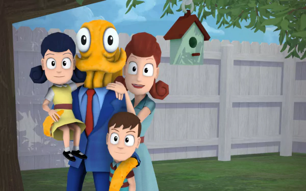 HD PC desktop wallpaper from the video game Octodad: Dadliest Catch showing Octodad in a suit posing with his wife and two kids in a backyard by a white fence and birdhouse.