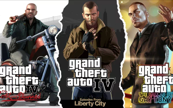 HD wallpaper featuring characters from Grand Theft Auto IV, showcasing scenes from the game and its expansion, Episodes from Liberty City and The Ballad of Gay Tony.