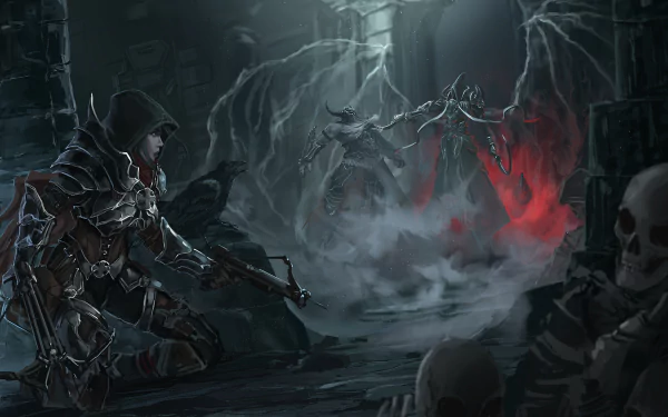 HD desktop wallpaper featuring the Demon Hunter and Barbarian from Diablo III: Reaper of Souls, set in a dark, eerie environment from the video game.