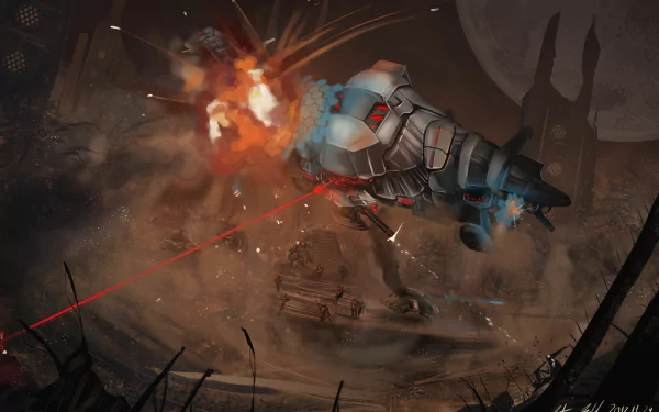 HD sci-fi desktop wallpaper depicting a soldier inside a futuristic vehicle with a force field, engaging in a war scene amid explosions and laser fire on a dark battlefield.