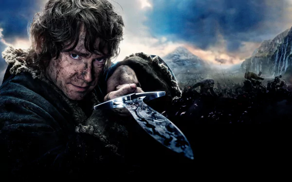 A dramatic scene from *The Hobbit: The Battle of the Five Armies*, featuring a determined character wielding a sword against a dark, tumultuous background in stunning 4K Ultra HD.