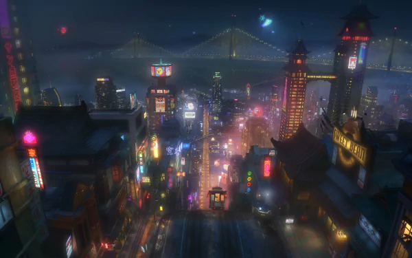 HD desktop wallpaper featuring a vibrant nighttime cityscape from the movie Big Hero 6, with glowing buildings and a distant illuminated bridge.